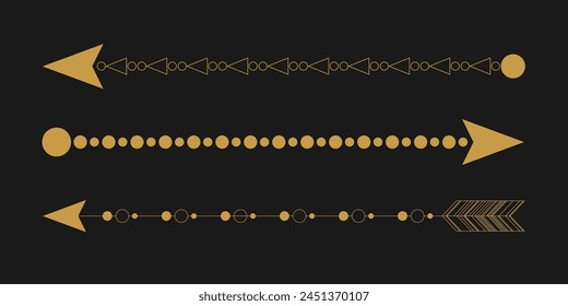 Vector mystic celestial set a with golden outline sun, stars, crescents and moon phases. Black occult shiny linear labels with a magical frame stylized as engraving