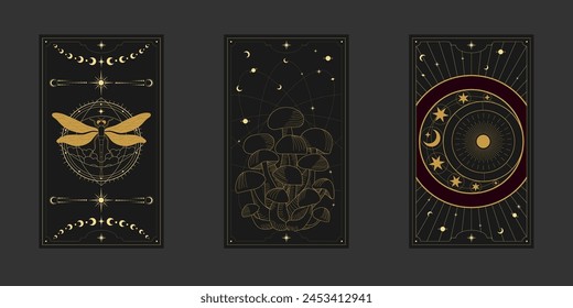 Vector místico celestial conjunto a con hongos de contorno dorado, agaric mosca, panecillo, medialunas y fases lunares. Etiquetas lineales brillantes ocultas negras con un marco mágico estilizado como grabado