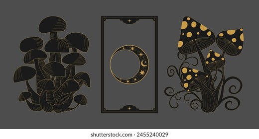 Vector mystic celestial set a with golden outline mushrooms, fly agaric, penny bun, crescents and moon phases. Black occult shiny linear labels with a magical frame stylized as engraving