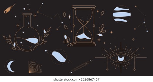 Vector mystic celestial set a with golden outline sand clock, eye, bottle and moon phases. Black occult shiny linear labels with a magical frame stylized as engraving