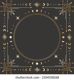 Vector mystic celestial square golden frame with stars, moon phases, crescents, arrows and copy space. Ornate shiny magical linear geometric border with a place for text