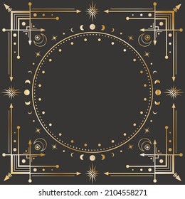 Vector mystic celestial square golden frame with stars, moon phases, crescents, arrows and copy space. Ornate shiny magical linear geometric border with a place for text