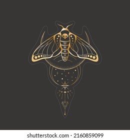 Vector mystic celestial sticker a with golden outline insect, stars, crescents and geometric elements. Occult linear label with a magical butterfly with skull. Sketch tattoo with a moth