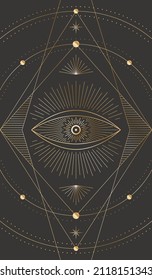 Vector mystic dark celestial background with golden outline eye, beams, stars and dotted radial circles. Occult linear illustration with a magical symbol. Sacred geometric tarot card cover