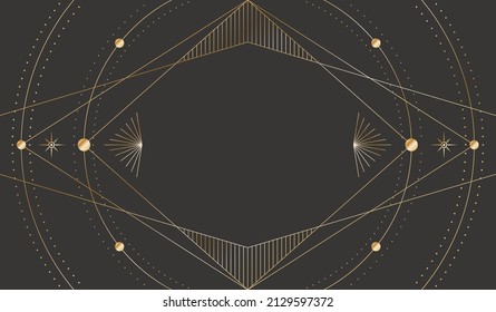 Vector Mystic Dark Celestial Background With Golden Outline Frame, Stars, Dotted Radial Circles And Rhombus Copy Space. Occult Linear Backdrop With A Magical Symbols. Sacred Geometric Tarot Card Cover