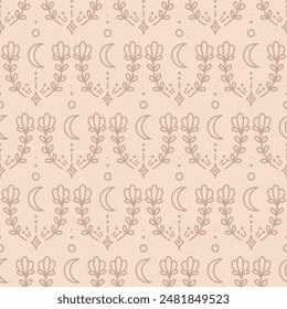 Vector mystic floral seamless pattern in pastel colors. Moon and stylized flowers. Print for fabric, textile, card, invitation or wallpapers.