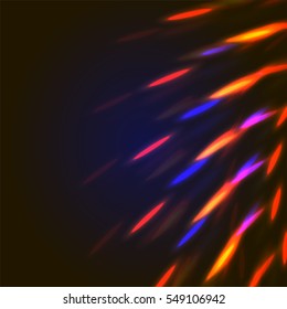 Vector mystic illustration of bright bokeh shining flares of street evening lights, fireworks and disco ball sparkles with copy space