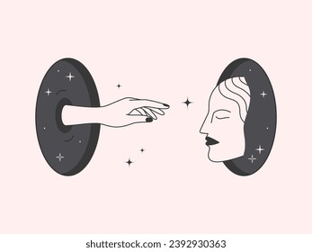 Vector mystic illustration with cosmic portals,female face,hand reaches for a enlightenment.Surreal abstract illustration in trendy minimal outline style.Esoteric concept.Spiritual design template.