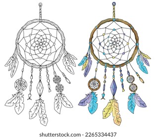 Vector Mystic illustration with occult, esoteric and gothic symbol of dreamcatcher isolated on white, black and white and colorful set of mysterious emblem