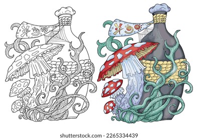 Vector Mystic illustration with occult, esoteric and gothic symbol of witch bottle and mushroom isolated on white, black and white and colorful set of mysterious emblem and Halloween concept