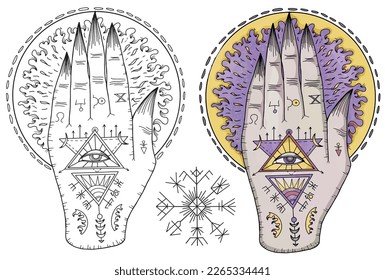 Vector Mystic illustration with occult, esoteric and gothic symbol of astral hand isolated on white, black and white and colorful set of mysterious emblem and Halloween concept