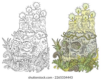 Vector Mystic illustration with occult, esoteric and gothic symbol of skull and candles isolated on white, black and white and colorful set of mysterious emblem and Halloween concept