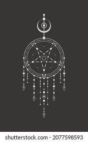Vector mystic linear dreamcatcher with pentagram. Sketch tattoo of magical esoteric outline symbol in boho style on a black background. Occult geometric sign with a star in a circle