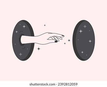 Vector mystic logo design template with portals,stars,hand reaches for a enlightenment.Surreal abstract illustration in trendy minimal outline style.Esoteric concept.Spiritual design template.