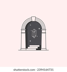 Plantilla de diseño de logotipo místico vectorial con portal, pasos, piedra angular o cristal y estrellas.Ilustración abstracta surrealista en un estilo de contorno mínimo de moda.Emblema celeste.Plantilla de diseño de marca.