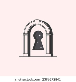 Vector mystic logo design template with portal,keyhole and stars.Surreal abstract illustration in trendy minimal outline style.Celestial enlightenment emblem.Branding design template.