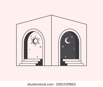 Vector mystic logo design template with portals,steps,sun,crescent moon,and stars.Surreal abstract illustration in trendy minimal outline style.Celestial emblem.Branding design template.