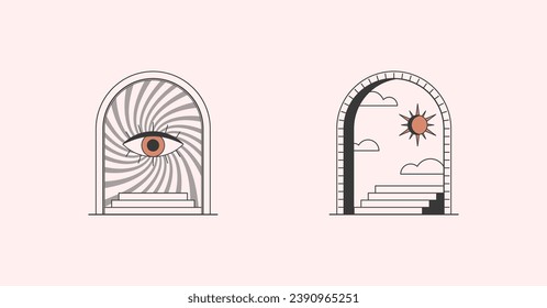 Vector mystic logo design templates with portals,stair,eye,sun and moon. Surreal abstract illustrations in trendy minimal outline style.Magical emblems.Branding design templates.