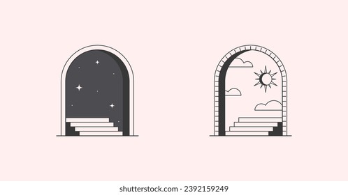 Vector mystic logo design templates with portals,steps,night,stars and day with crescent moon. Surreal abstract illustrations in trendy minimal outline style.Magical emblems.Branding design templates.