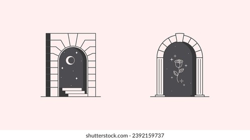Vector mystic logo design templates with portals,steps,crescent moon,magic flower and stars.Surreal abstract illustrations in trendy minimal outline style.Magical emblems.Branding design templates.