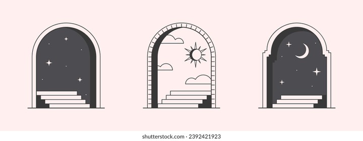 Vector mystic logo design templates with portals,steps,night,stars,sun,crescent moon.Surreal abstract illustrations in trendy minimal outline style.Magical emblems.Branding design templates.