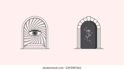 Vector mystic logo design templates with portals,steps,eye,magic flower and stars.Surreal abstract illustrations in trendy minimal outline style.Magical emblems.Branding design templates.
