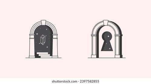Design-Vorlagen für Vektorgrafiken mit Portal, Keyhole und srystal.Surreale abstrakte Illustrationen im modischen minimalen Rahmenstil.Embleme für Himmelserkennung.Branding-Designvorlagen.