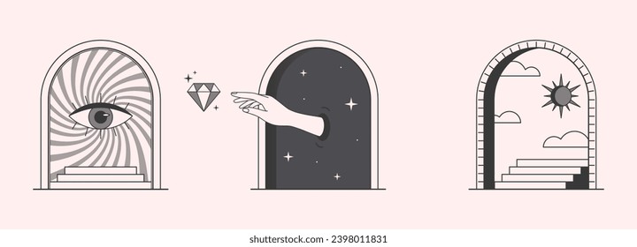 Vector mystic logo design templates with portals,steps,eye,hand reaches for a gem,sun and moon.Surreal abstract illustrations in trendy minimal outline style.Magical emblems.Branding design templates.
