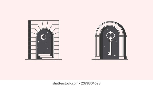 Vector mystic logo design templates with portal,steps,key and crescent moon.Surreal abstract illustrations in trendy minimal outline style.Celestial enlightenment emblems.Branding design templates.