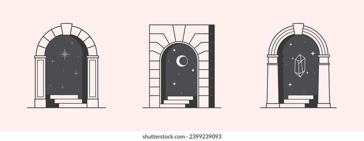 Vector mystic logo design templates with portal,steps,gemstone,stars and crescent moon.Surreal abstract illustrations in trendy minimal outline style.Celestial emblems.Branding design templates.