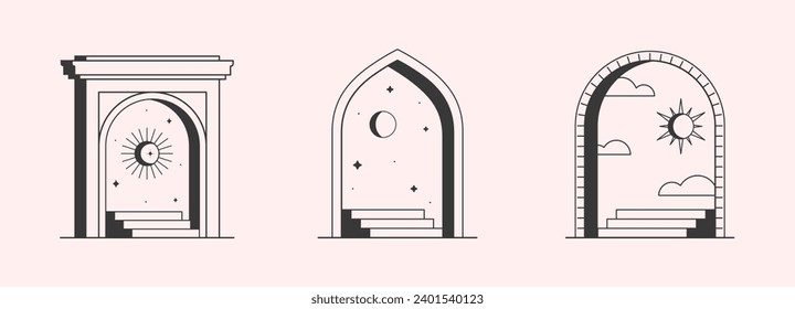 Vector mystic logo design templates with portals,steps,night,stars,crescent moon.Surreal abstract illustrations with moroccan arch.Magical emblems in oriental style.Branding design templates.