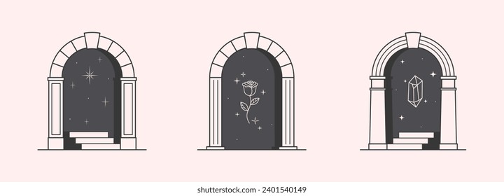 Vector mystic logo design templates with portals,steps,magic flower,stars and gem.Surreal abstract illustrations in trendy minimal outline style.Celestial emblems.Branding design templates.