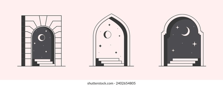 Vektor-mystische Logo-Designvorlagen mit Portalen, Schritten, Nacht, Sternen, Halbmond.Surreale abstrakte Illustrationen mit marokkanischem Marsch.Magisches Emblem im orientalischen Stil.Branding Design-Vorlagen.