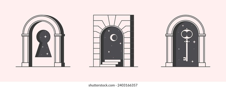 Vector mystic logo design templates with portal,steps,keyhole,key and crescent moon.Surreal abstract illustrations in trendy minimal outline style.Enlightenment emblems.Branding design templates.