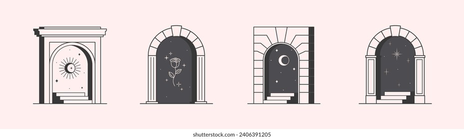 Vector mystic logo design templates with portals,steps,sun,crescent moon,stars and rose.Surreal abstract illustrations in trendy minimal outline style.Celestial emblems.Branding design templates.