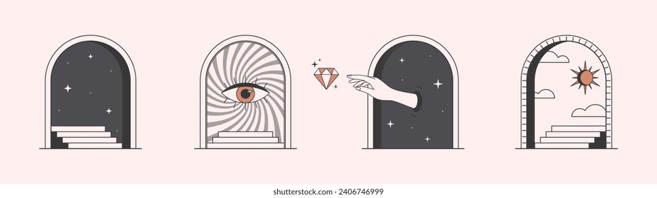 Design-Vorlagen für Vektorgrafiken mit Portalen, Stufen, Auge, Hand reicht für ein Juwel, Sonne und Mond.Surreale abstrakte Illustrationen im modischen minimalen Stil.Magische Embleme.Branding Design-Vorlagen.