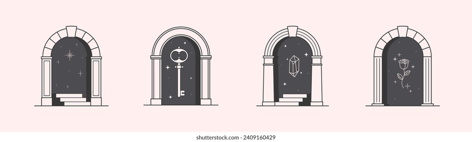 Vector mystic logo design templates with portals,steps,magic flower,stars,gem and key.Surreal abstract illustrations in trendy minimal outline style.Celestial emblems.Branding design templates.