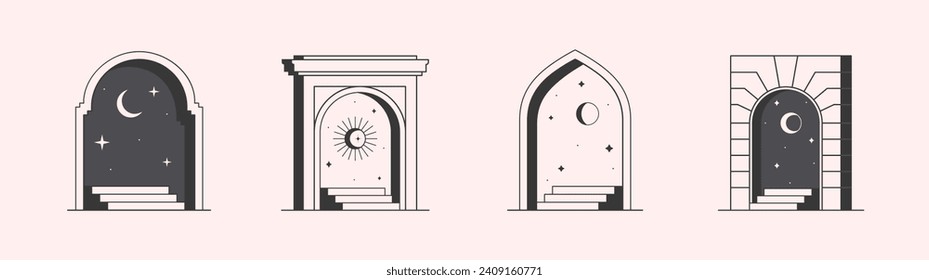 Vector mystic logo design templates with portals,steps,sun,stars,crescent moon.Surreal abstract illustrations with moroccan arch.Magical emblem in oriental style.Branding design templates.