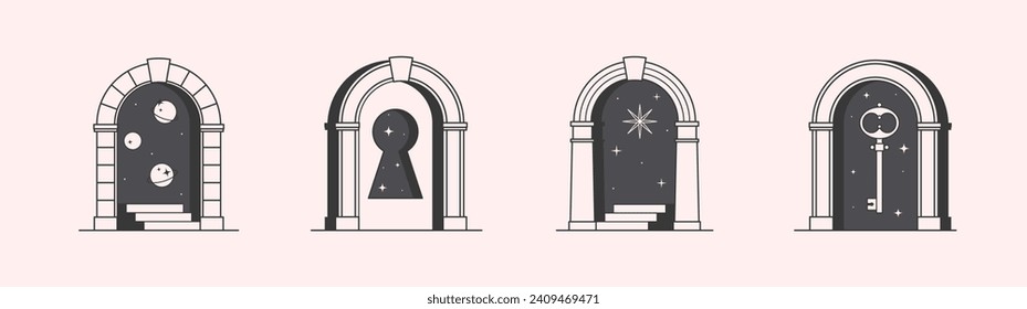 Vector mystic logo design templates with portal,steps,planets,outer space,stars,key,keyhole.Surreal abstract illustrations in trendy minimal outline style.Celestial emblems.Branding design templates.
