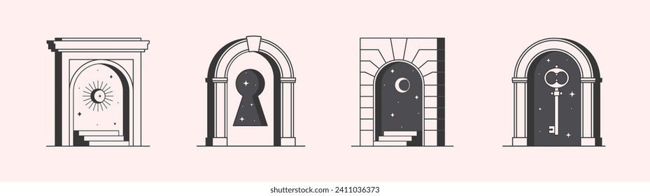 Vector mystic logo design templates with portals,crescent moon,sun,stars,keyhole and key.Surreal abstract illustrations in trendy minimal outline style.Magical emblems.Branding design templates.