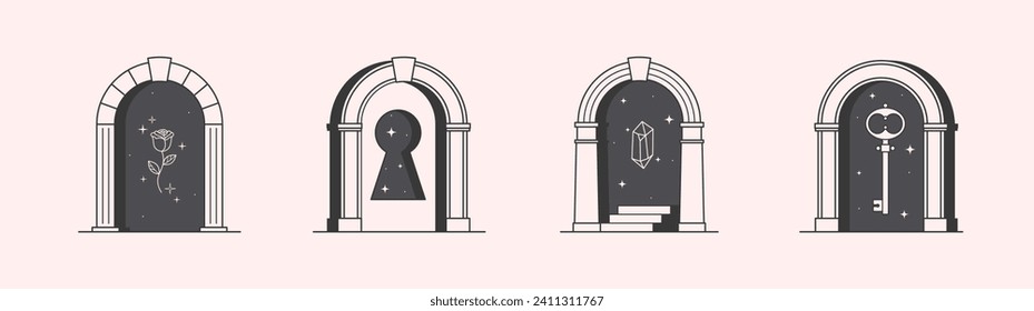 Design-Vorlagen für Vektorgrafiken mit Portalen, Schritten, magischer Blume, Sternen, Edelsteinen und Schlüssel.Surreale abstrakte Illustrationen im modischen minimalen Stil.Celestial Emblems.Branding Design-Vorlagen.