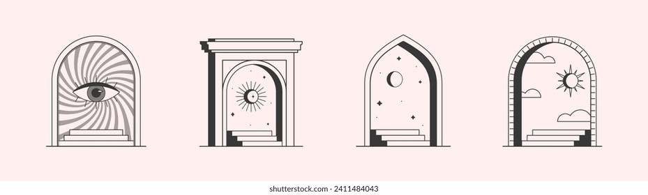 Vector mystic logo design templates with portals,steps,sun,crescent moon,stars and eye.Surreal abstract illustrations in trendy minimal outline style.Celestial emblems.Branding design templates.