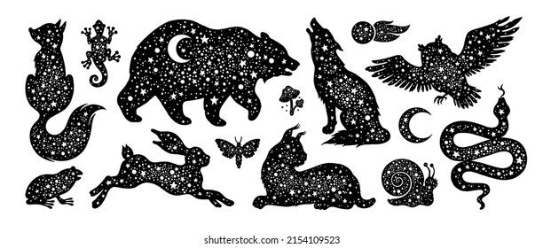 Vector mystic magic animal silhouette illustration. Boho wolf fox bear cat owl. Astrology totem set with celestial moon star  icons. Esoteric modern art for tattoo, logo design. Magic mystic animals