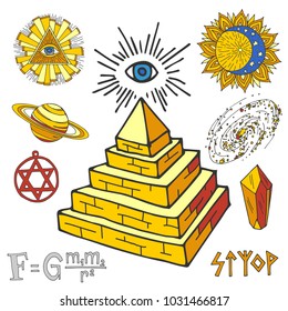 Vector mystic magic esoteric symbols piramide hand drawn religion philosophy spirituality magical occultism chemistry science illustration