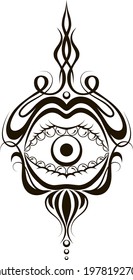 Vector mystic ornament : boho witch eye with decor from curved lines. Element for design card, poster ,tatoo, t-shirt print about occultism , spirituality, witchcraft.