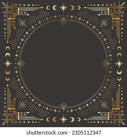 Vector mystic outline celestial square golden frame with stars, moon phases, crescents, arrows and copy space. Ornate shiny magical linear geometric border with radial circles and a place for text