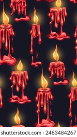 Vector mystic pattern with red flowing paraffin candles with fire on a dark background. Texture with paraffin light candle wax tops. Ritual and magic. Background for wrapping paper.