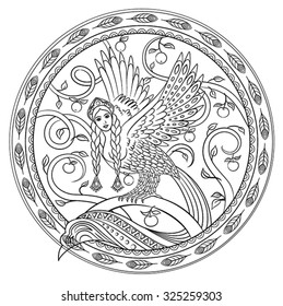 Vector mystical bird with head of woman.