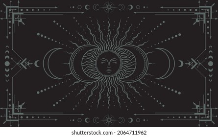 Vector mystical boho background with ornate outline geometric frame, magical sun with sleeping face, moon phases, stars, concentric circles and crescents. Occult linear banner stylized as engraving