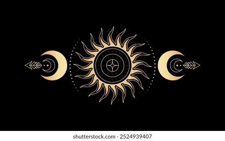 Vector mystical boho elements sun with concentric circles, crescents, moon phases and stars. Abstract magic sun and moon occult linear symbols on black background